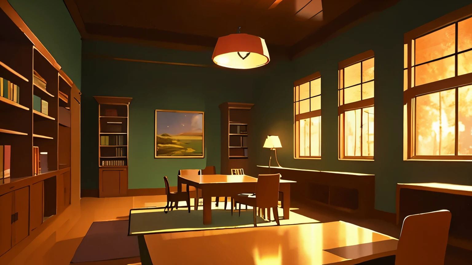 Cozy study room, Aesthetic atmosphere, Chill Vibe, Warm colors, Roffy Room, at night