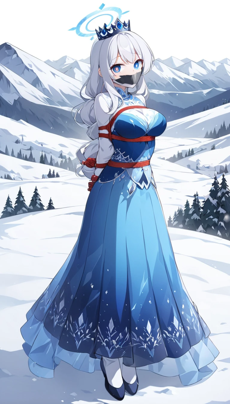 score_9, score_8_up, source_anime, 1girl, solo,The image depicts a female character in an elegant,long skirt,long blue skirt, dress ,blue dress ice-themed outfit. She has long, white hair and a crown-like halo made of ice crystals. Her dress is a deep blue with various icy accents and translucent, shard-like extensions. The background features a snowy, mountainous landscape, adding to the character's wintry theme. . (bound wirsts), (arms behind back), (tapegag, tape gag), dramatic, (looking at viewer), (detailed pupils:1.3), ,red rope, thick rope, normal breast,full body