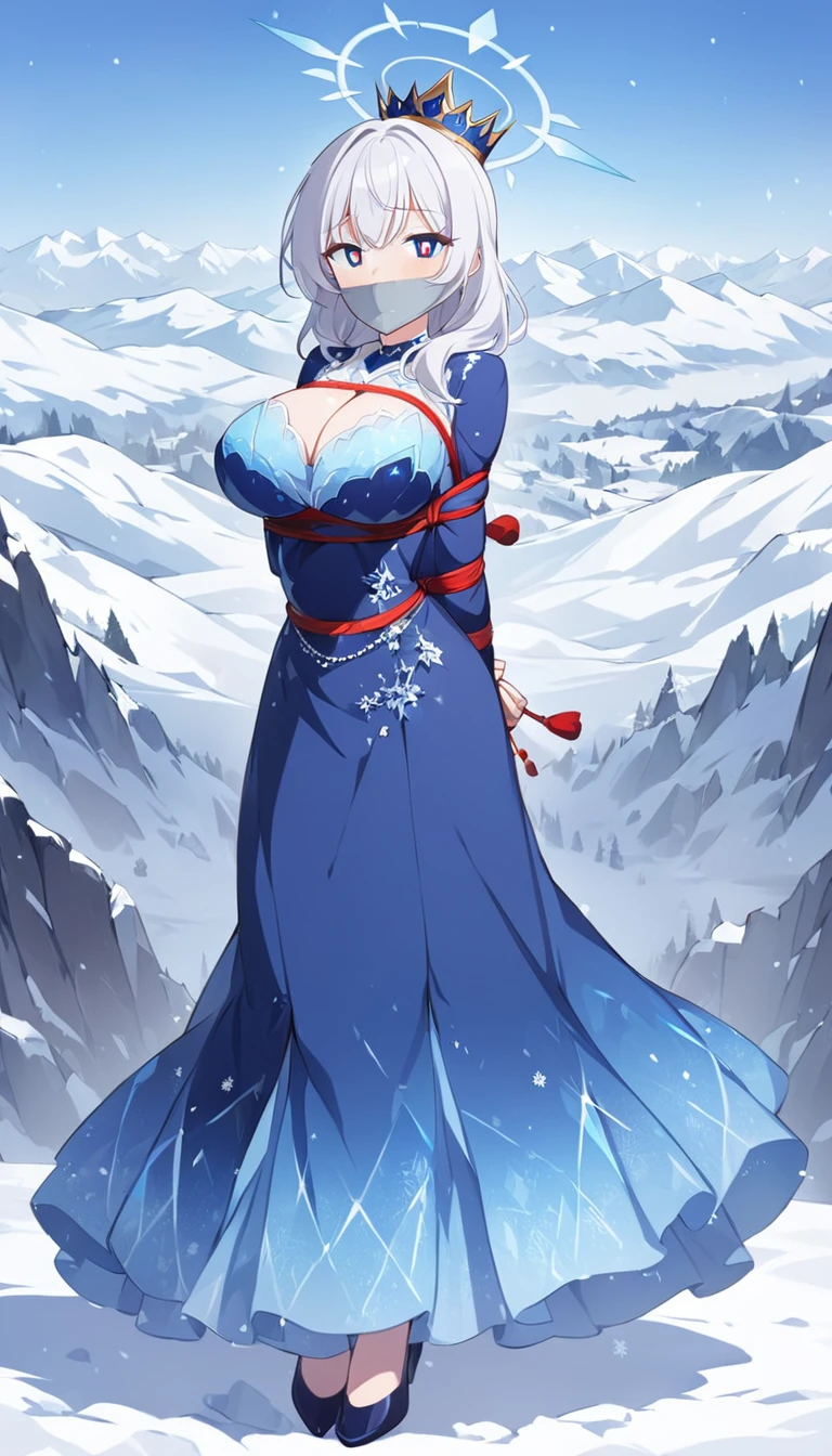 score_9, score_8_up, source_anime, 1girl, solo,The image depicts a female character in an elegant,long skirt,long blue skirt, dress ,blue dress ice-themed outfit. She has long, white hair and a crown-like halo made of ice crystals. Her dress is a deep blue with various icy accents and translucent, shard-like extensions. The background features a snowy, mountainous landscape, adding to the character's wintry theme. . (bound wirsts), (arms behind back), (tapegag, tape gag), dramatic, (looking at viewer), (detailed pupils:1.3), ,red rope, thick rope, normal breast,full body