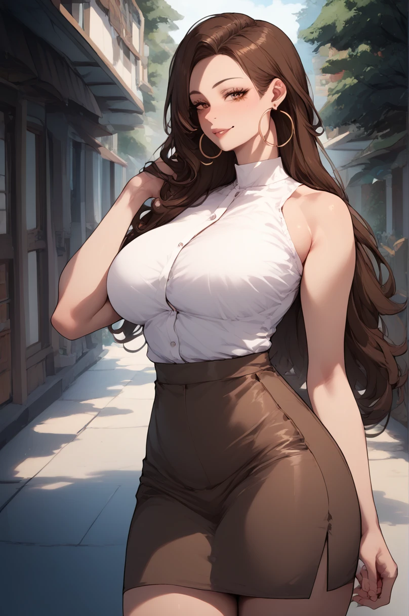 Fraction_9, Fraction_8_up, Fraction_7_up, Dozens of laughs, Brown eyes, Brown hair, Long hair, Large Breasts, Hoop Earrings, White shirt, sleeveless, Brown Skirt,