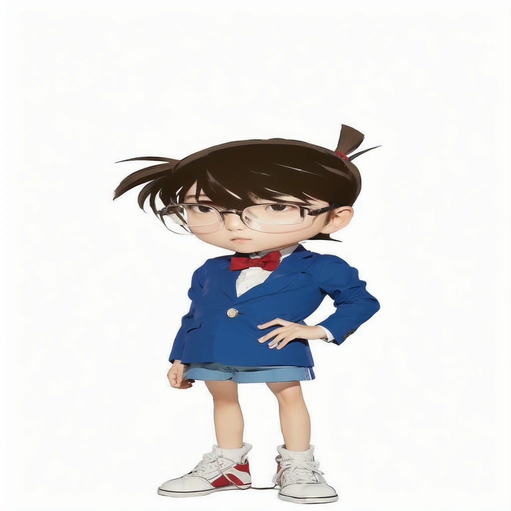 a Japanese boy, wearing glasses, blue jacket, red bow tie, white shorts, red and white sneakers, very realistic