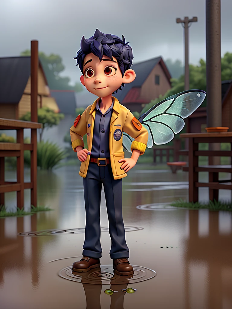 A boy dressed in a work jacket and dragonfly wings crosses the puddles of a morning rain.