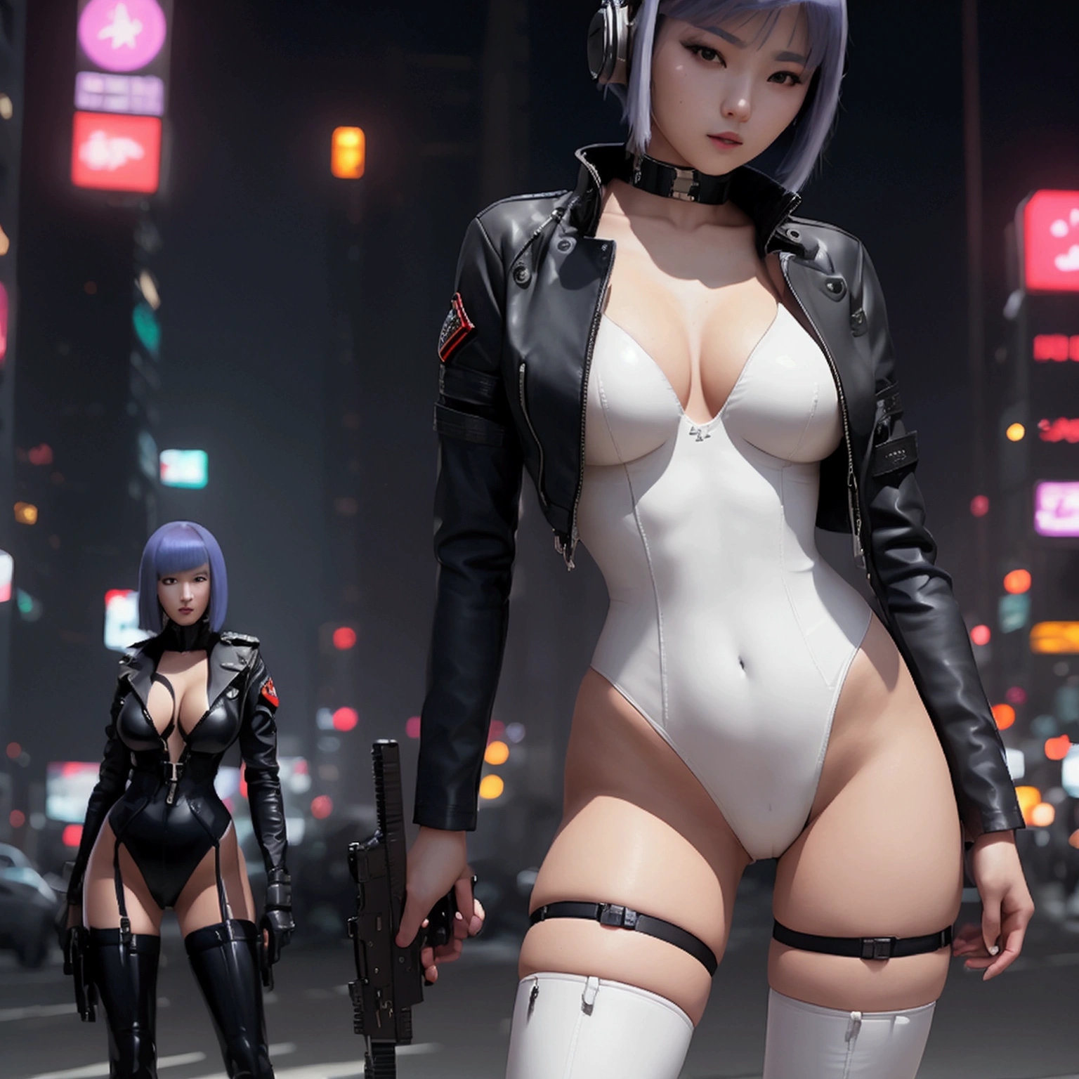 High resolution photo of a woman、Beautiful woman in a bare-chested white leotard、Dark blue bob hair、bangs、stockings、High heel boots、Holds a gun from the future、Black leather jacket、Army Jacket、ghost in the Shell、Motoko Kusanagi、City of the Future、Wear a belt around your waist、Belt with bullets、Future Soldier、Full body image、