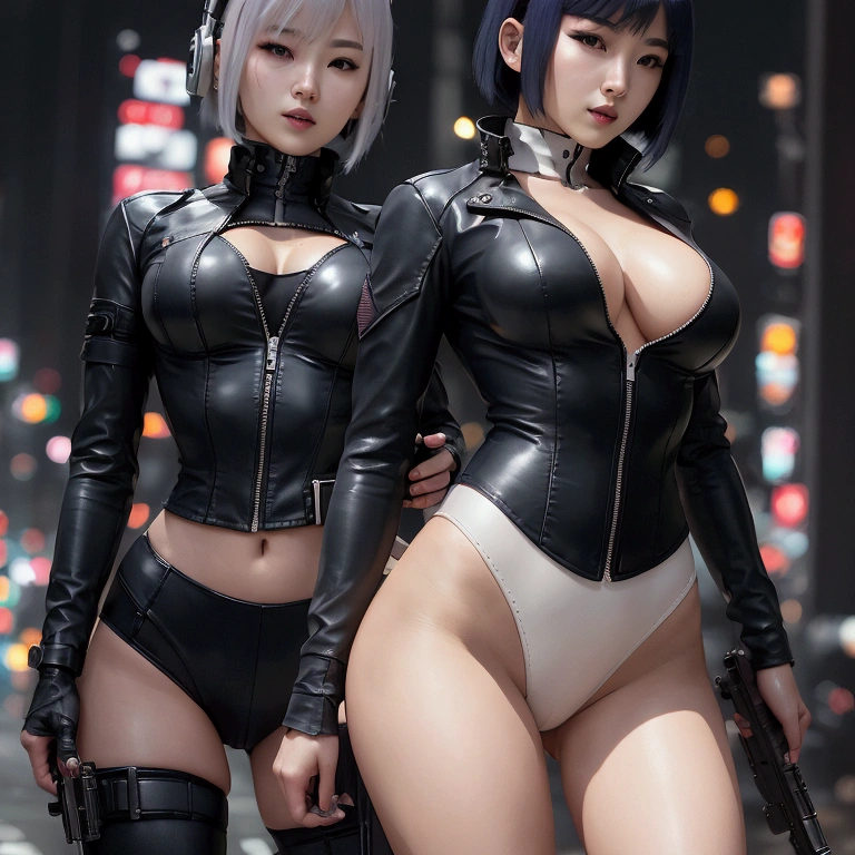 High resolution photo of a woman、Beautiful woman in a bare-chested white leotard、Dark blue bob hair、bangs、stockings、High heel boots、Holds a gun from the future、Black leather jacket、Army Jacket、ghost in the Shell、Motoko Kusanagi、City of the Future、Wear a belt around your waist、Belt with bullets、Future Soldier、Full body image、