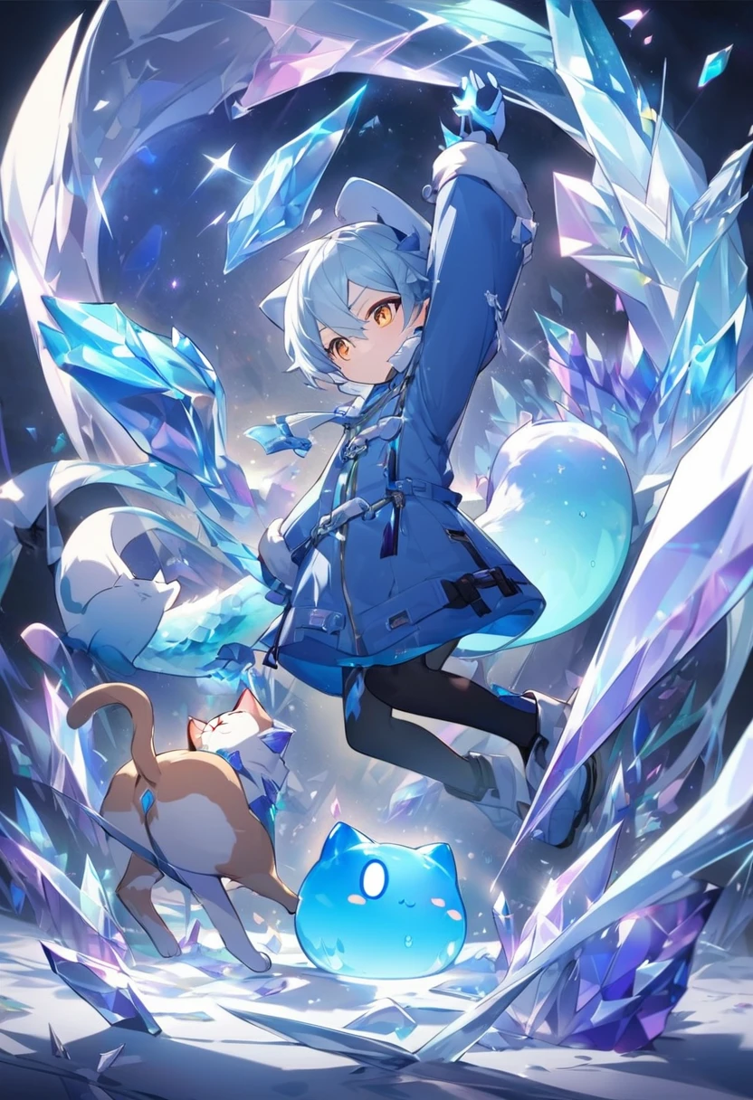 Little male cat，Boys，There is a dragon tail，Lovely，Thin，struggle，eternal，crystal，crystal化，蓝色crystal，Blue slime，脚变成crystal，手变成crystal，crystal蔓延脚，crystal脚，crystal手，illumination，freeze，freeze，脚被freeze，charming，Boys们 ，蓝色crystal脚，Wear tights，plastic，Full body portrait，Smooth，full-body tights，Thin，Blue gel coat