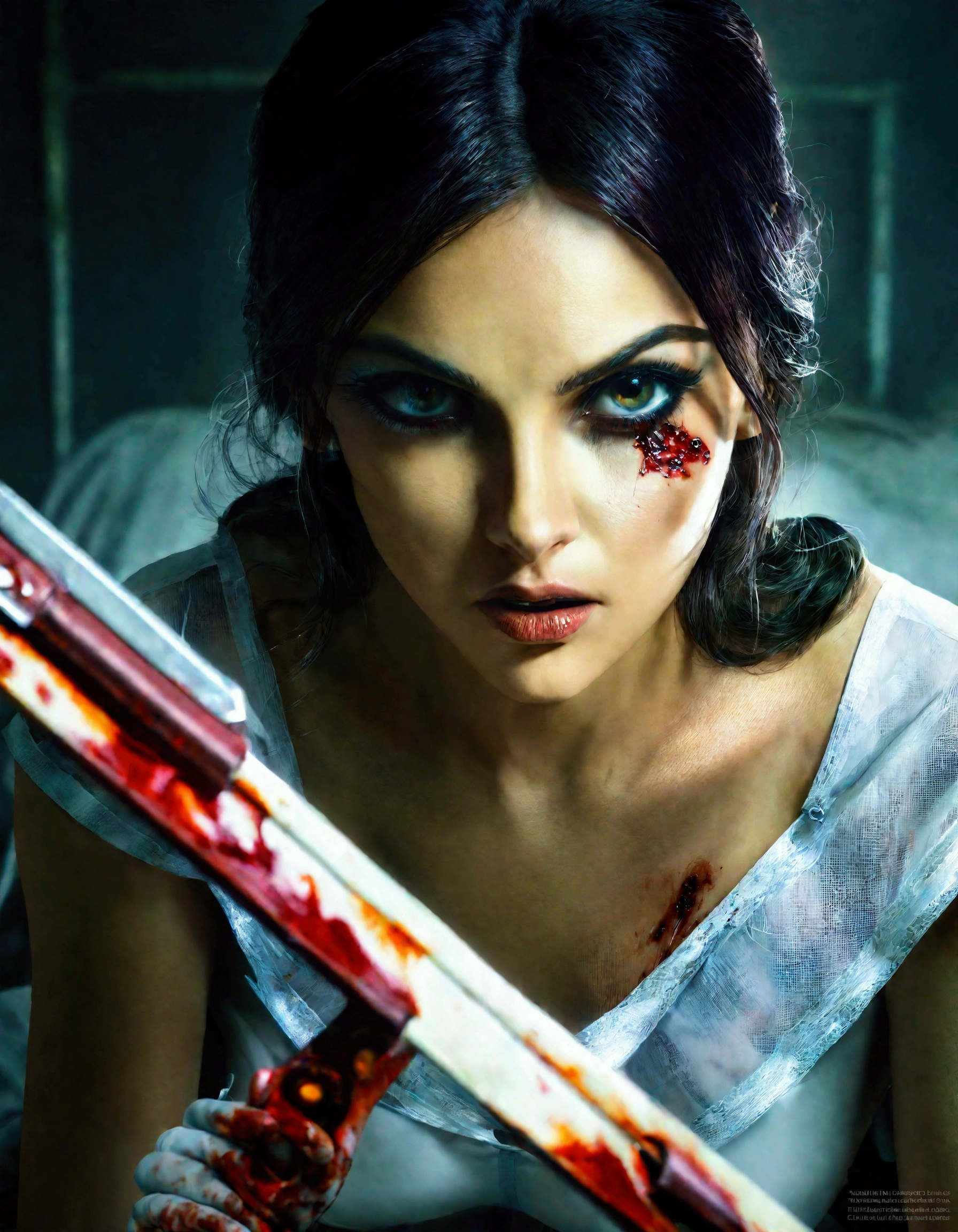Mila Kunis,25 years old,beautiful detailed eyes,beautiful detailed lips,extremely detailed eyes and face,longeyelashes,sultry pose,dirty dangerous sexy nurse lingerie,holding up a bone saw,horror,blood spatter,hospital room,oil painting,chiaroscuro lighting,dark moody colors,cinematic composition,hyper realistic,8k,masterpiece,unreal engine,dramatic lighting