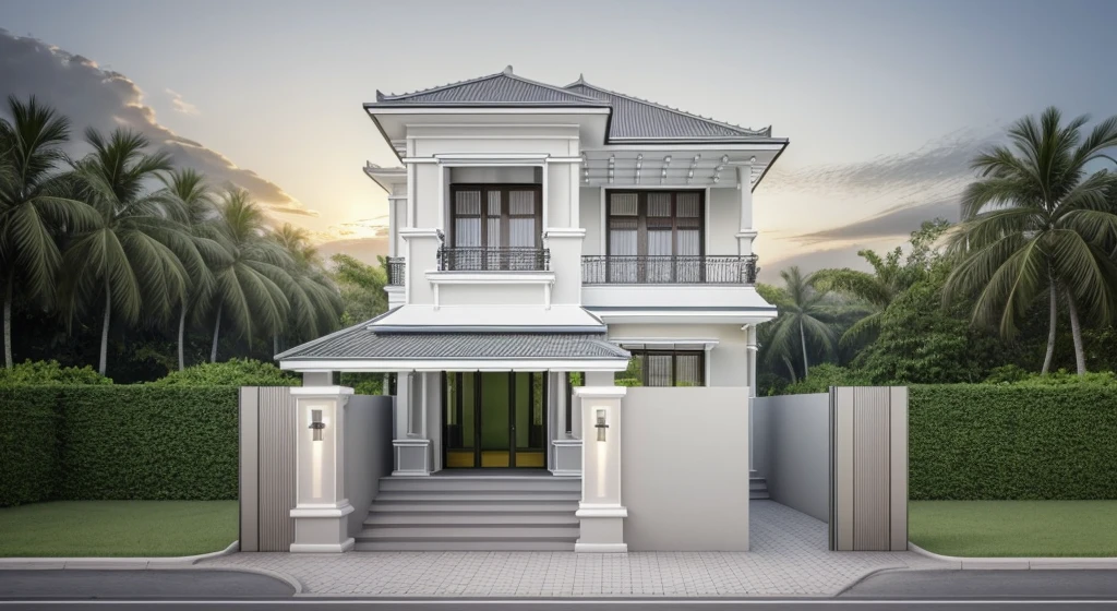 PLATFORM KTHOUSE, 1 modern villa in Vietnam, sloping roof, main materials for building the villa wall color: 1.2 glass panels: 1.1 and stone: 1.2, 1 large yard, 1 path in front of the house, surrounded by flowers and trees tropical, (RAW photo, real, best quality, masterpiece:1.2), modern minimalist look, a road in front of the house, surrounded by tropical flowers and plants, dynamic lighting:1.3, (surreal , real photo: 1.2), high quality, (bright light: 1.2), perfect light, Archdaily, no people , light at 12 noon, light outside the door: 1,2