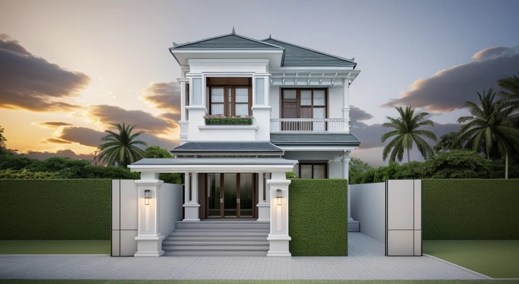 PLATFORM KTHOUSE, 1 modern villa in Vietnam, sloping roof, main materials for building the villa wall color: 1.2 glass panels: 1.1 and stone: 1.2, 1 large yard, 1 path in front of the house, surrounded by flowers and trees tropical, (RAW photo, real, best quality, masterpiece:1.2), modern minimalist look, a road in front of the house, surrounded by tropical flowers and plants, dynamic lighting:1.3, (surreal , real photo: 1.2), high quality, (bright light: 1.2), perfect light, Archdaily, no people , light at 12 noon, light outside the door: 1,2