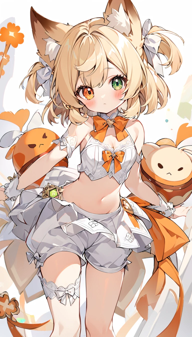 The fox girl,1girl,short hair, The hairstyle is like Klee's,animal ears, bangs, bare shoulders, blonde hair, blush, bow, breasts, white cleavage, cropped torso, , green eyes, hair ribbon, heterochromia, , looking at viewer, , orange bow, orange eyes, orange ribbon,  ribbon, solo, stuffed animal, , , twintails, upper body, full-length, white legbands, white shoes with lace and white bows, white background, wrist cuffs, yellow eyes, bloomers, close-up, fair skin frills, lace, midriff, skirt, solo, , white background,shorts, white top with ribbon and lace and trousers,trousers, genshin,white slippers with a bow,All clothes are white, laceAt full height, it stands,bandaged hands, short hair , ankle lace-up, ankle ribbon, bow, leg ribbon, lineart, , shoes, , standing, , white bow, white footwear,