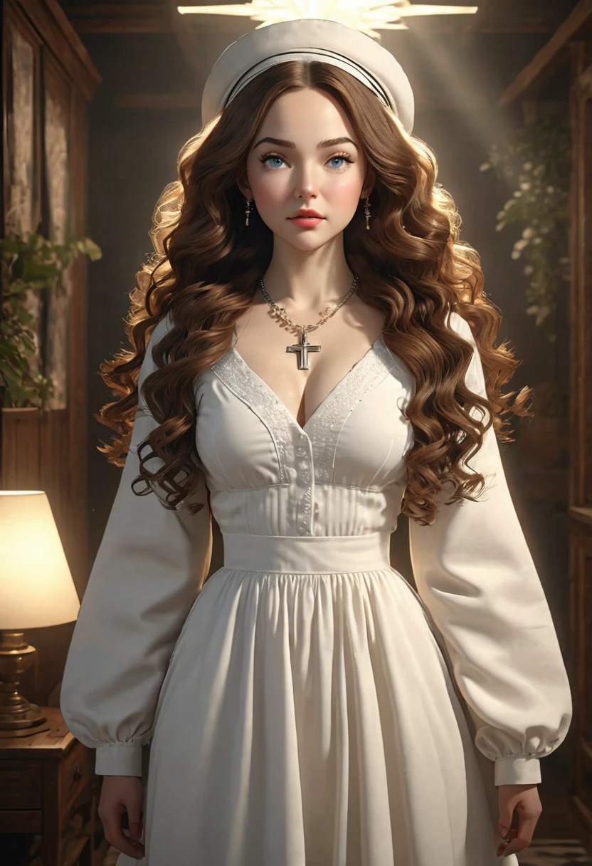 A beautful jewish women with a thick bushy unibrow and a large bulbous nose. Thick, intense, curly, frizzy, long brown hair. Hair that clogs a drain after one shower. Hair you find on pillows and in corners of the room and in your refrigerator six months after the head from which it grew last visited. Hair that could not be straightened even if you had four hours and three hairdressers double-fisting blow driers. Hair that screams: Jew. Traditional jewish dress, luxurious long dress、hat. curvy hourglass figure. Ultra HD, the symmetrical face, photorealistic photography, path tracing, specular lighting, and volumetric face light enhance the details. Dove Cameron, Epc lighting, striking silhouette. crucifix necklace. The symmetrical face, photorealistic photography, path tracing, specular lighting, and volumetric face light enhance the details. The scene is captured in maximum quality, masterpiece, 8K high resolution, and top quality