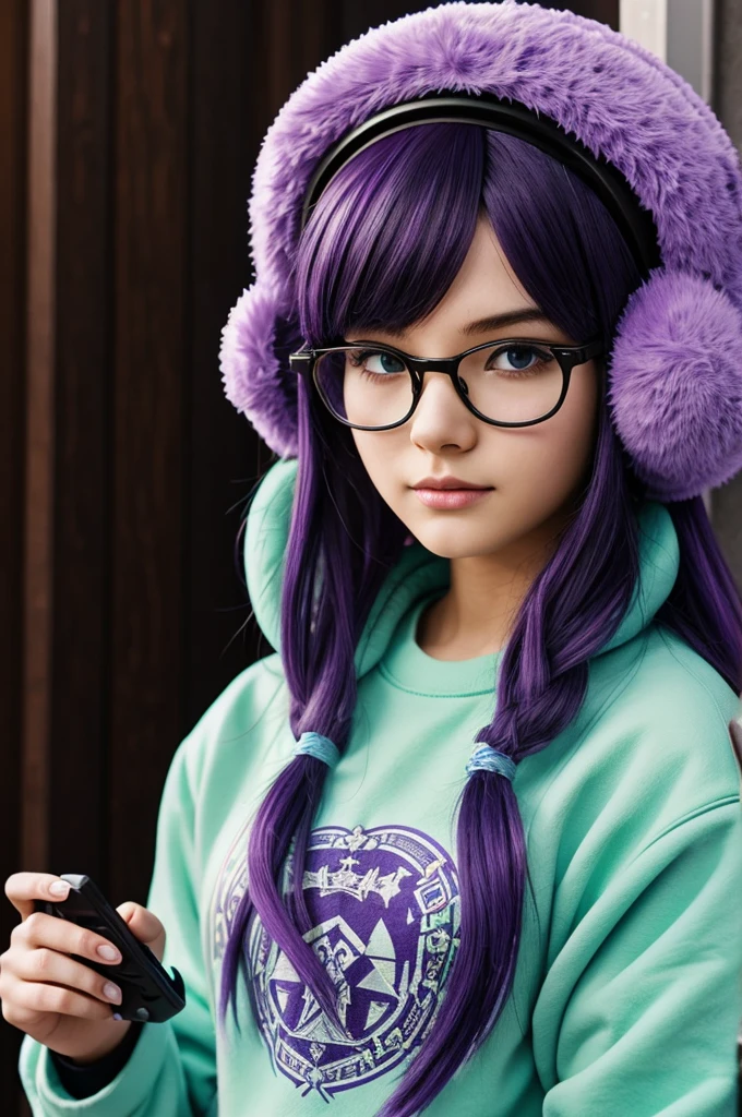 anime, Masterpiece, black hair with purple tips, blue glasses, Mint green sweatshirt with a video game design and a Russian hat on the head