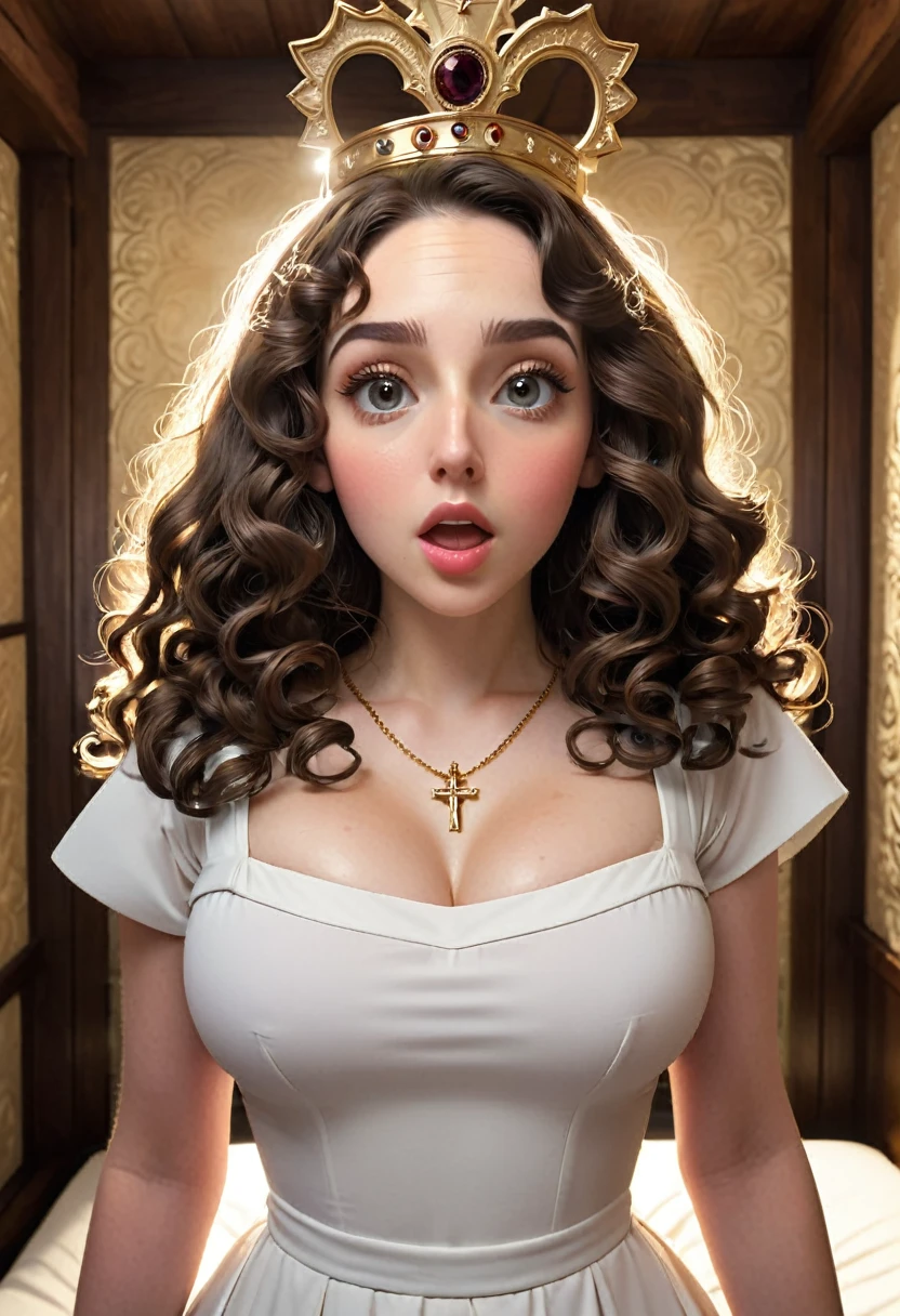 A beautful jewish women with a thick bushy unibrow and a large bulbous nose. Thick, intense, curly, frizzy, long brown hair. Hair that clogs a drain after one shower. Hair you find on pillows and in corners of the room and in your refrigerator six months after the head from which it grew last visited. Hair that could not be straightened even if you had four hours and three hairdressers double-fisting blow driers. Hair that screams: Jew. Traditional jewish dress, luxurious long dress、hat. curvy hourglass figure. Ultra HD, the symmetrical face, photorealistic photography, path tracing, specular lighting, and volumetric face light enhance the details. Dove Cameron, Epc lighting, striking silhouette. crucifix necklace. The symmetrical face, photorealistic photography, path tracing, specular lighting, and volumetric face light enhance the details. The scene is captured in maximum quality, masterpiece, 8K high resolution, and top quality
