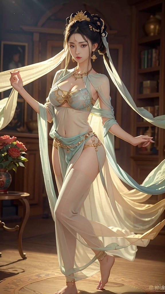 Top Quality, Masterpiece, Ultra High Resolution, 1girl, beautiful_face, Detailed Skin, Full Body, Jewelry, Solo, Earrings, (Tue: 1.3), Blurry, Realistic, Lips, Dunhuang Style, (Zentangle: 1.2), (Flower: 1.4), Big Breasts, Navel Reveal, Big, Armpits, Camel Toes, Barefoot, Barefoot, Barefoot, Top Quality, masterpiece, highly detailed detail, high resolution, 8k, complex detail, realistic, photorealistic, dramatic lighting, 1girl, dunhuang_clothes, dunhuang_dress, partially hidden by clothing, (see-through: 1.3), through a thin veil, glimpse of the chest, creating an attractive and suggestive effect, Get a glimpse of the contours of her skin and chest