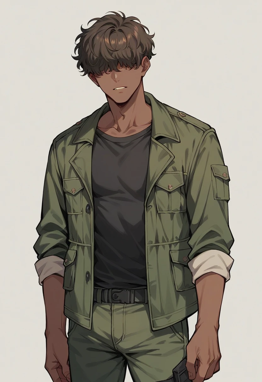 Boy with dark and wavy hair that covers his eyes, slightly brown skin, military green jacket, basic black t-shirt, cargo pants of a slightly darker green than his jacket