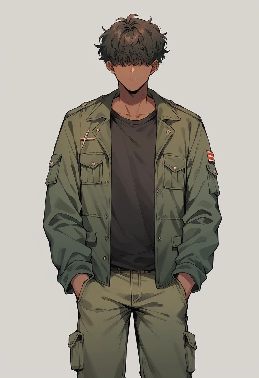 Boy with dark and wavy hair that covers his eyes, slightly brown skin, military green jacket, basic black t-shirt, cargo pants of a slightly darker green than his jacket