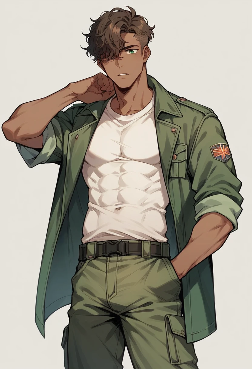 Boy with dark and wavy hair that covers his eyes, slightly brown skin, military green jacket, basic black t-shirt, cargo pants of a slightly darker green than his jacket