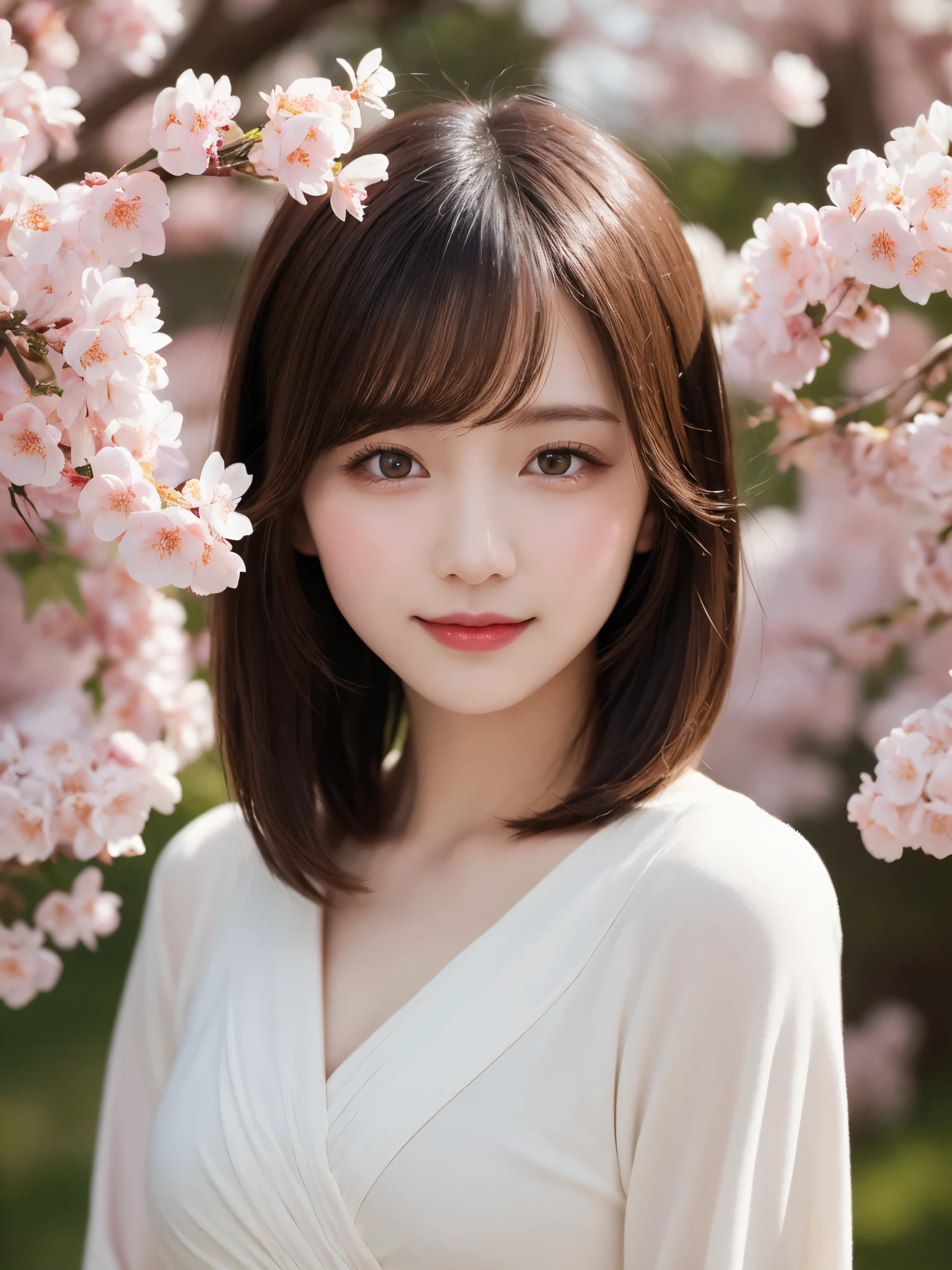 masterpiece, best quality, illustration, ultra-detailed, finely detailed, high resolution, 8K wallpaper, perfect dynamic composition, beautiful detailed eyes, cherry blossoms, traditional clothing, medium hair, small breasts, natural color lips, gentle pose, smile, looking at camera