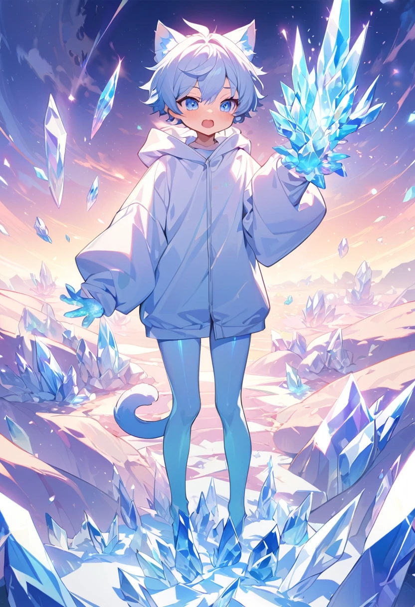 Little male cat,boy,There is a tail,cute,Thin,struggle,Everlasting,Crystallization,Feet turned into crystal,Hands turn into crystal,Crystal Spread Feet,Crystal feet,Crystal hands,illumination,freeze,脚被freeze,charming,boy们 ,蓝色Crystal feet,穿着Tight Fit衣,plastic,Full body portrait,smooth,全身Tight Fit衣,Thin,Light blue gel coat,Full body gel coat,outdoor,Naked,Small pants,Tight Fit,No clothes,Crystals spread all over the body,Crystal body,