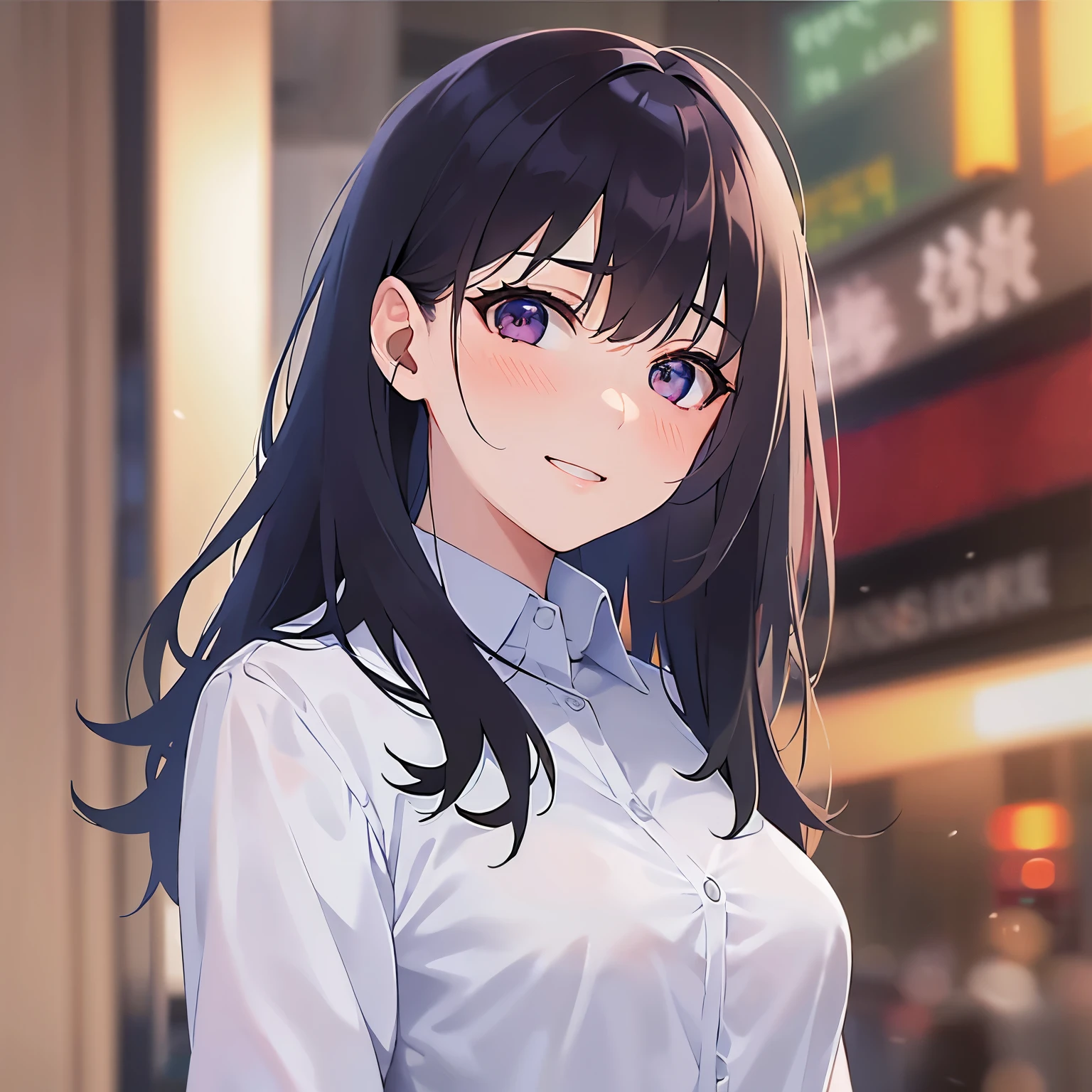 head tilt、hand on own face、looking up, Cleavage、Upper Body, Realistic, real person, (pale skin: 1.2), RAW photo, photorealistic, shiny skin, shiny hair、(A 25-year-old woman with straight hair and bangs) and (medium hair) and (black hair) and (purple eyes) , (white collared shirt:1.5)、(grin:1.2), (blush:1.5), The background is a shopping street at night、Alone、Are standing