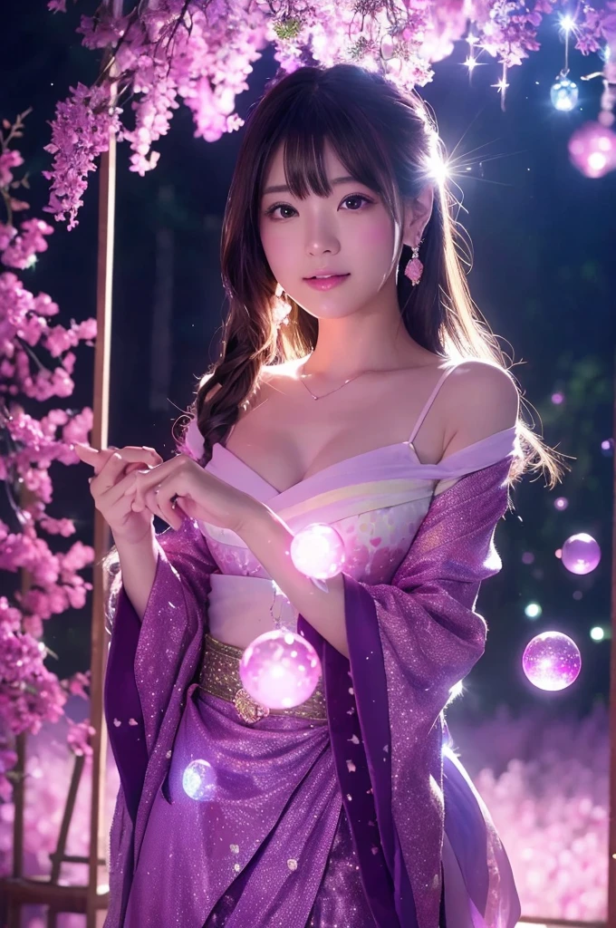 This image is、Featuring ultra-realistic, live-action Japanese beauties。The background is dotted with magical lights.、Pink and purple light、Floating transparent bubbles floating around。The beautiful girl's costume is a light pink dress.、It features a relaxed design。The pose is looking back、Showing a natural look。As a photographic technique、Use soft focus、Emphasizing the fantastical atmosphere。By skillfully using the placement of lights and the reflection of light,、The beautiful girl's contours and facial expressions are photographed in a way that makes them stand out softly.。The composition on a vertical screen、The light balance between the subject and the background is well captured.。