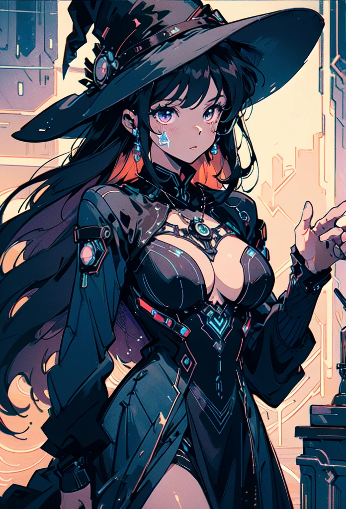 depicts a modern-day witch who has embraced the world of cybernetics to enhance her magical abilities. The artwork should convey the enchanting blend of traditional witchcraft and futuristic technology. Here are some specific elements to include: The Witch's Lair: The setting should be a cozy yet slightly eerie room, filled with magical books, crystal balls, potion ingredients, and antique furnishings. The room should be dimly lit by candles and a soft, mystical glow emanating from her cybernetic enhancements. The Cyborg Witch: The central focus of the artwork is the witch herself. She's a striking figure with a mix of traditional witch attire and cybernetic enhancements. Her clothing should have a witchy, occult aesthetic, with flowing robes, a pointed hat, and an intricate pentagram necklace. Her arms, however, have been upgraded with cybernetic components that incorporate magical symbols and glowing runes. Magical Interface: The witch is in the midst of casting a spell, with a holographic, touch-screen interface floating before her. This interface includes spell incantations, arcane symbols, and digital components, demonstrating her fusion of magic and technology. Spell Ingredients: On a nearby table, there should be a collection of spell ingredients, like herbs, potions, and magical artifacts. Some of these items may have been modified with cybernetic enhancements, blurring the line between the natural and the technological. Familiar: The witch's familiar, perhaps a cat or raven, should be present in the scene, serving as her magical companion. The familiar could also have subtle cybernetic enhancements or glowing eyes. Glowing Runes: The room should be adorned with ancient symbols and glowing runes on the walls and floor, contributing to the magical atmosphere. Aetherial Lighting: Use a combination of mystical, ethereal lighting and cybernetic glows to create a captivating interplay of light and shadow. The contrast between the tradit