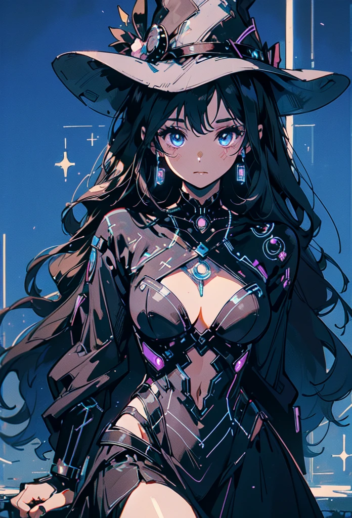 depicts a modern-day witch who has embraced the world of cybernetics to enhance her magical abilities. The artwork should convey the enchanting blend of traditional witchcraft and futuristic technology. Here are some specific elements to include: The Witch's Lair: The setting should be a cozy yet slightly eerie room, filled with magical books, crystal balls, potion ingredients, and antique furnishings. The room should be dimly lit by candles and a soft, mystical glow emanating from her cybernetic enhancements. The Cyborg Witch: The central focus of the artwork is the witch herself. She's a striking figure with a mix of traditional witch attire and cybernetic enhancements. Her clothing should have a witchy, occult aesthetic, with flowing robes, a pointed hat, and an intricate pentagram necklace. Her arms, however, have been upgraded with cybernetic components that incorporate magical symbols and glowing runes. Magical Interface: The witch is in the midst of casting a spell, with a holographic, touch-screen interface floating before her. This interface includes spell incantations, arcane symbols, and digital components, demonstrating her fusion of magic and technology. Spell Ingredients: On a nearby table, there should be a collection of spell ingredients, like herbs, potions, and magical artifacts. Some of these items may have been modified with cybernetic enhancements, blurring the line between the natural and the technological. Familiar: The witch's familiar, perhaps a cat or raven, should be present in the scene, serving as her magical companion. The familiar could also have subtle cybernetic enhancements or glowing eyes. Glowing Runes: The room should be adorned with ancient symbols and glowing runes on the walls and floor, contributing to the magical atmosphere. Aetherial Lighting: Use a combination of mystical, ethereal lighting and cybernetic glows to create a captivating interplay of light and shadow. The contrast between the tradit