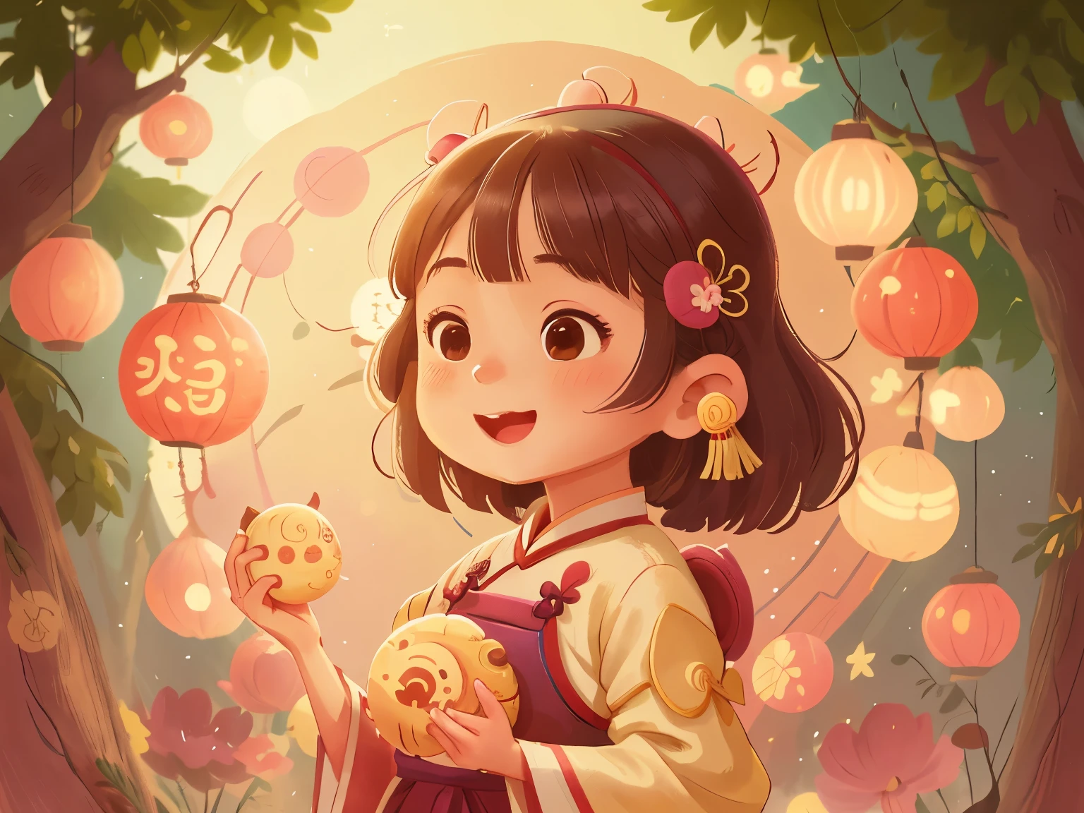 A girl wearing Hanfu,Girl holding moon cake,Smiley Face,OK, Happy, Happy, perfect quality, Be focused (Clutter - Home: 0.8), (masterpiece: 1.2) (Practical: 1.2) (Bokeh) (最OK质量) (Delicate skin: 1.3) (Intricate details) (8K) (Eye details) (Clear focus), (Happy),Sky background,Big full moon,Two White Rabbits,Many lanterns,