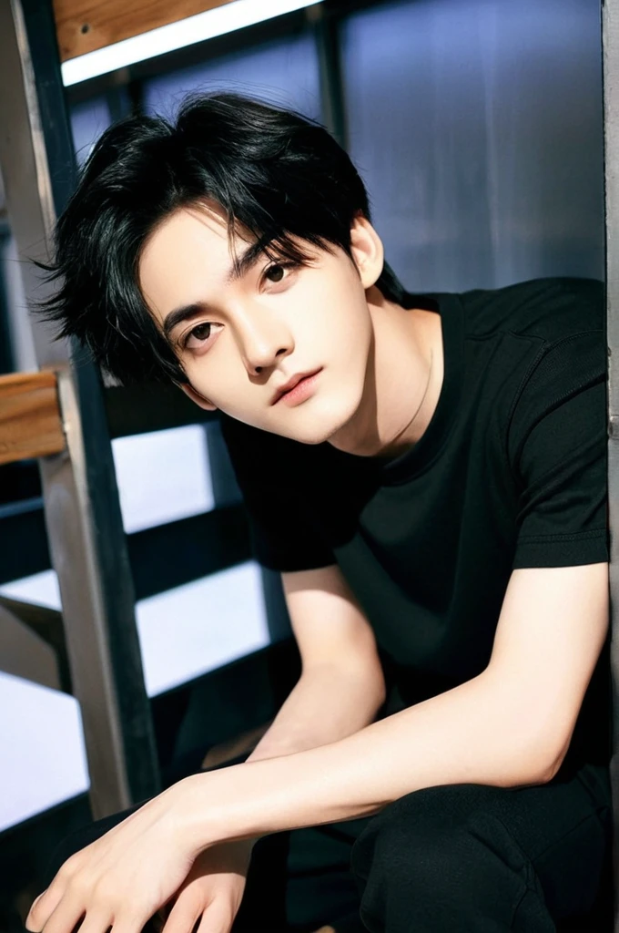 One boy、Young man with black hair(Mash Straight)((Long Hair)),With nape、Long enough to cover the earale K-Pop Idols、Levi Ackerman、Medium portrait、chop、Beautiful Model、Oval Face、Vivid、Cafe、(In a dark room)、The whole body is shown、((Full body photo))