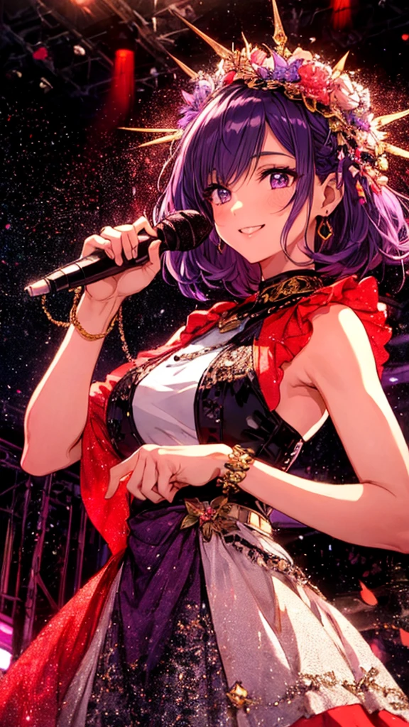 Highly detailed face,fine grain,Highlighted eyes, medium breasts ,pretty girl, smile shyly,Beautiful purple hair,Beautiful purple eyes,shiny skin,
dress scene, looking the viewer,
Represent idol in bright colors, Represent idol dress in colorful colors, Represent idol's singing voice in warm colors