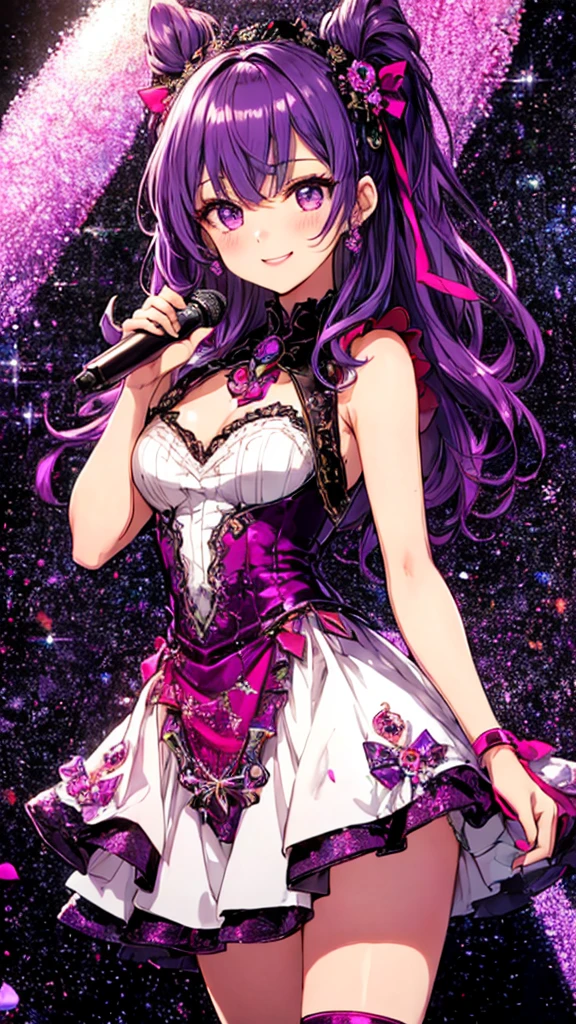Highly detailed face,fine grain,Highlighted eyes, medium breasts ,pretty girl, smile shyly,Beautiful purple hair,Beautiful purple eyes,shiny skin,
dress scene, looking the viewer, 
Represent idol in bright colors, Represent idol dress in colorful colors, Represent idol's singing voice in warm colors