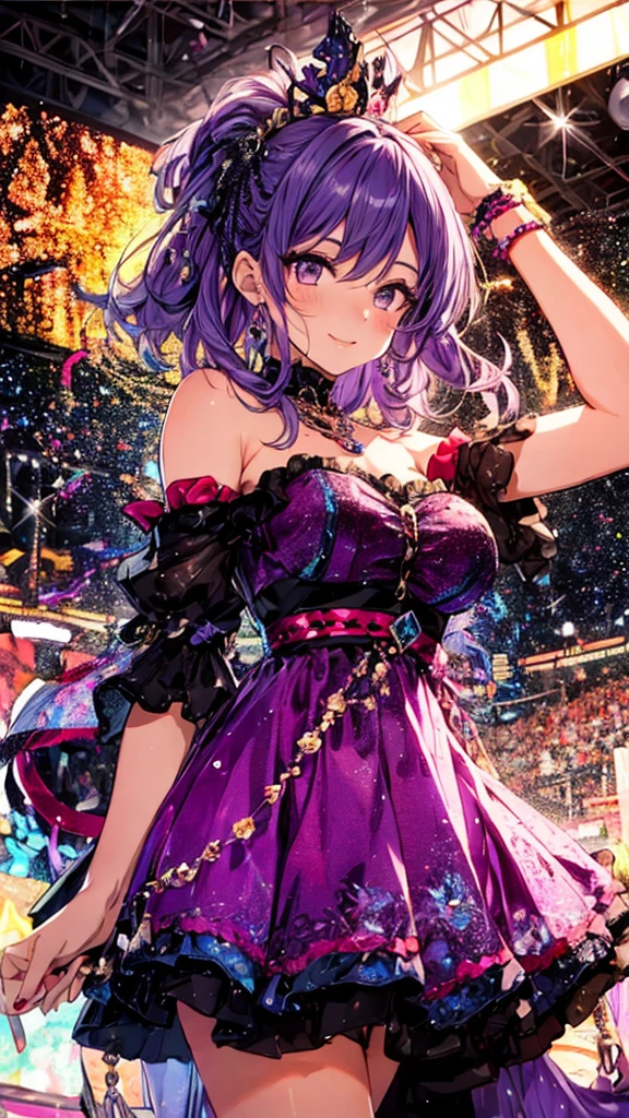Highly detailed face,fine grain,Highlighted eyes, medium breasts ,pretty girl, smile shyly,Beautiful purple hair,Beautiful purple eyes,shiny skin,
dress scene, looking the viewer,
Represent idol in bright colors, Represent idol dress in colorful colors, Represent idol's singing voice in warm colors