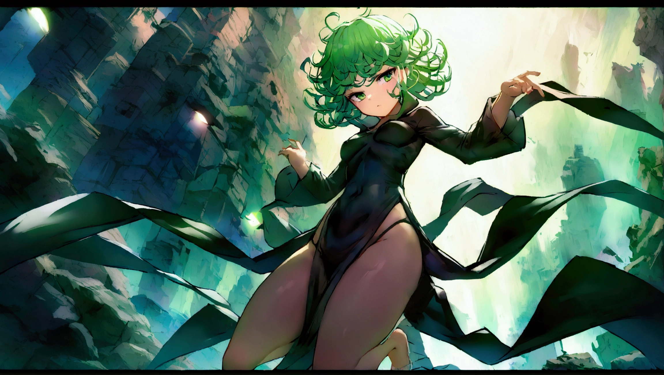 work of art, best qualityer, CG 8k, (colorfully), tatsumaki, one punch man, 1 girl, Volumetric Light, Body cute, fully body, ideal feminine image, corpo sexly, nice legs, eyes glowing green, rosy cheeks, gazing at viewer, visible legs, raised thong panties, black gown, (Transparent robe), sexly, medium breasts, a hand on the breast, adult, ideal woman body, 独奏, (Anatomia sexly das pernas), (clean skin), (cinematic lighting: 1.7), (Tecnologia NVIDIA RTX Ray Tracing), fund: blue sky, destroyed city