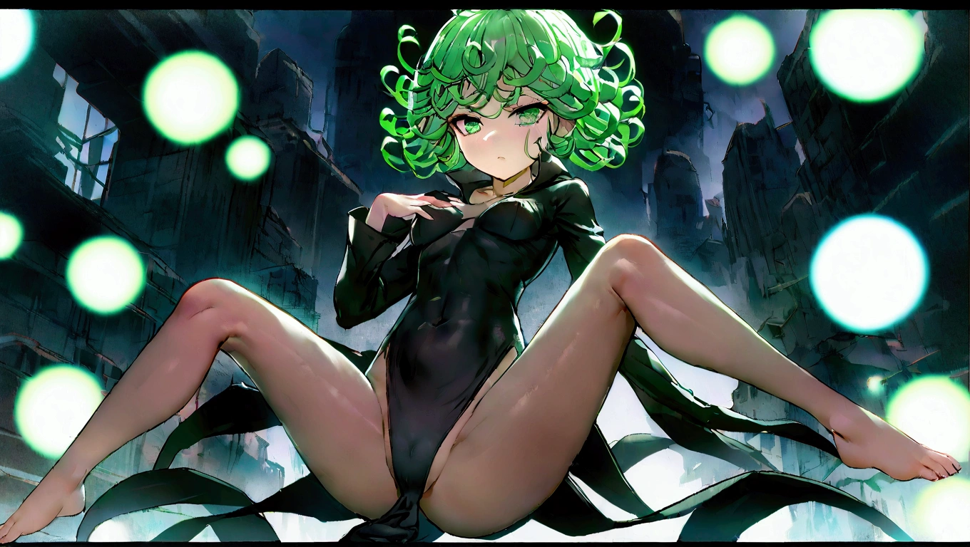 work of art, best qualityer, CG 8k, (colorfully), tatsumaki, one punch man, 1 girl, Volumetric Light, Body cute, fully body, ideal feminine image, corpo sexly, nice legs, eyes glowing green, rosy cheeks, gazing at viewer, visible legs, raised thong panties, black gown, (Transparent robe), sexly, medium breasts, a hand on the breast, adult, ideal woman body, 独奏, (Anatomia sexly das pernas), (clean skin), (cinematic lighting: 1.7), (Tecnologia NVIDIA RTX Ray Tracing), fund: blue sky, destroyed city