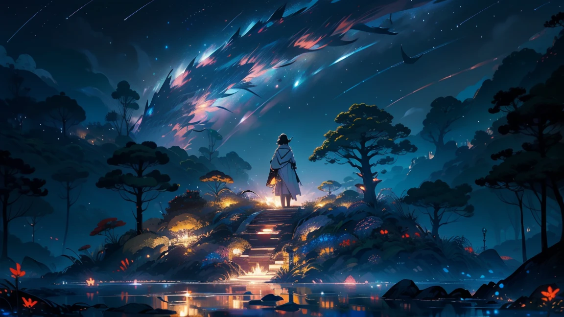 main part, nice, landscape, (((no_Humanos))), night, flower, flower园, Starry Sky, constellation, wonderful, vision, water, Quint, Accompaniment, peaceful, meteor, Cosmic, magic, magic, detailed, fair, ((Piri Lambos))