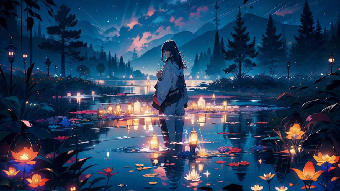 main part, nice, landscape, (((no_Humanos))), night, flower, flower园, Starry Sky, constellation, wonderful, vision, water, Quint, Accompaniment, peaceful, meteor, Cosmic, magic, magic, detailed, fair, ((Piri Lambos))