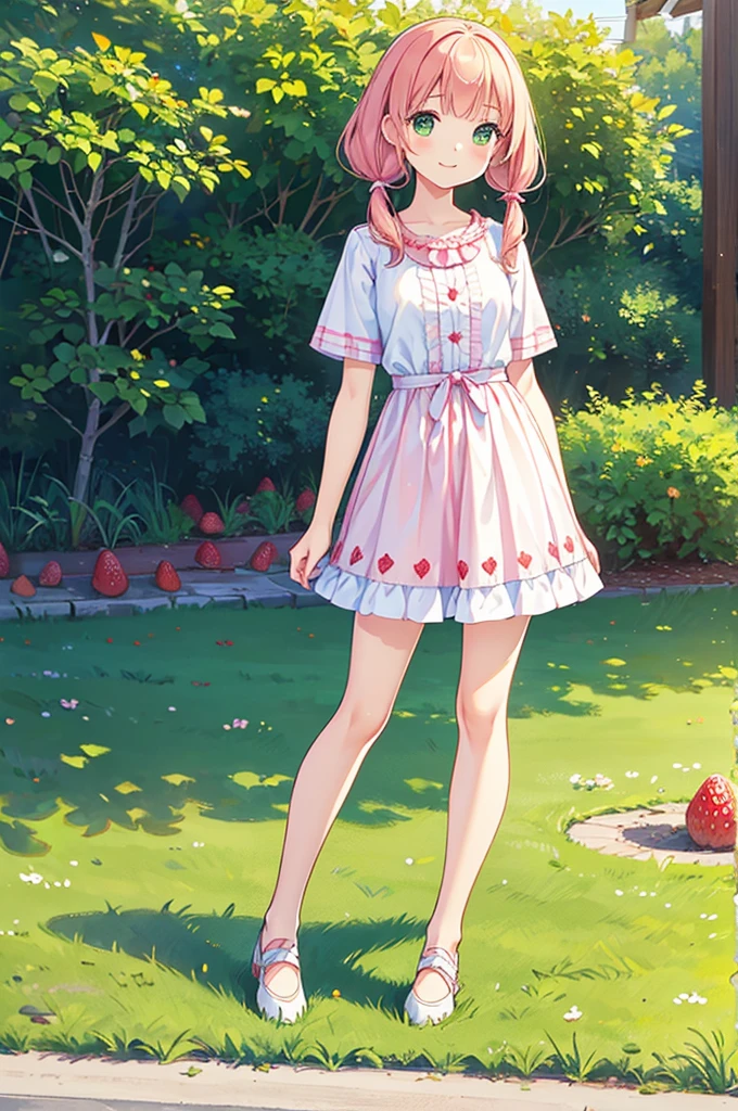 Full body ,dynamic Standing ,(realistic:1.37)、Octane rendering、morning park、Strawberry set、The girl has a twin tail hairstyle and a smile.、Strawberries fall from the sky、Bright colors、soft sunlight、beautiful flowers、green grass、Fun atmosphere、Quiet environment、Fine texture、Bright colors、Cute shoes and accessories、he looks happy , (Full body:1.5), Blank white background, (white background), Transparent background, looking down, ((masterpiece, illustration, best quality)) 