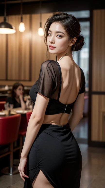 (8k, RAW Photos, 最high quality, masterpiece: 1.2), (Realistic, photoRealistic: 1.37), 1 A woman in a waitress uniform standing on the sidewalk, , Professional Lighting, Photon Mapping, , Italyのの女性, Torn, Sommelier、,Italy、Italy、 Ultra-compact uniform、,At a fine dining restaurant, 胸がbig、Incredibly beautiful face、masterpiece, 最high quality, high quality, High resolution, big , (Face close-up),working at a restaurant、Carrying tableware、Hair is tied、Updo、Playmate proportions、Erotic Waitress、Tie your hair tightly、Show as much skin as possible、、The ultimate revealing outfit、Slicked back hair、Infinite Strip、Slicked back hair、oh、Nipple poking stimulation、Emphasize underboob、