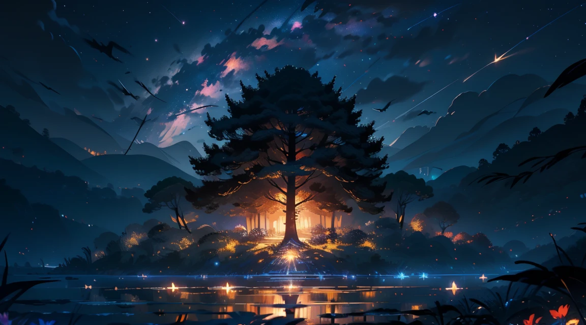 Master Parts, nice, landscape, (((no_Humanos))), night, flower, garden, Starry Sky, constellation, amazing, Overlooking, water, warm, comfortable, peaceful, meteor, Cosmic, magic, magic, details, fair, ((fire Fly))