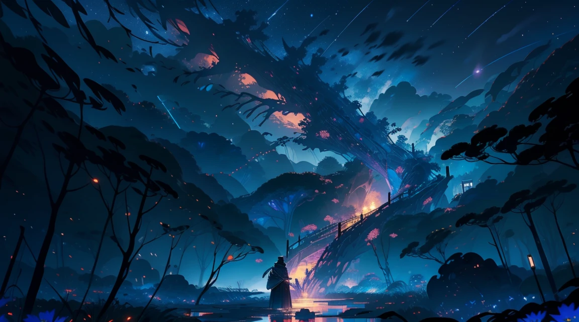 Master Parts, nice, landscape, (((no_Humanos))), night, flower, garden, Starry Sky, constellation, amazing, Overlooking, water, warm, comfortable, peaceful, meteor, Cosmic, magic, magic, details, fair, ((fire Fly))