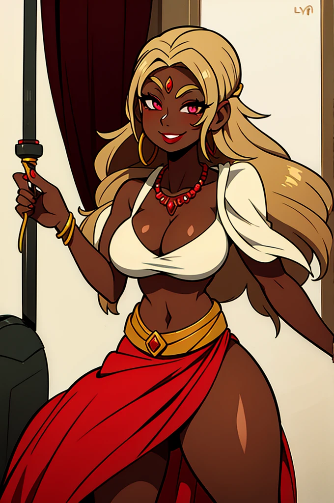 dark skinned female, roman clothing, bimbo, red lips, eerie smile, neon eyes, glowing jewelry