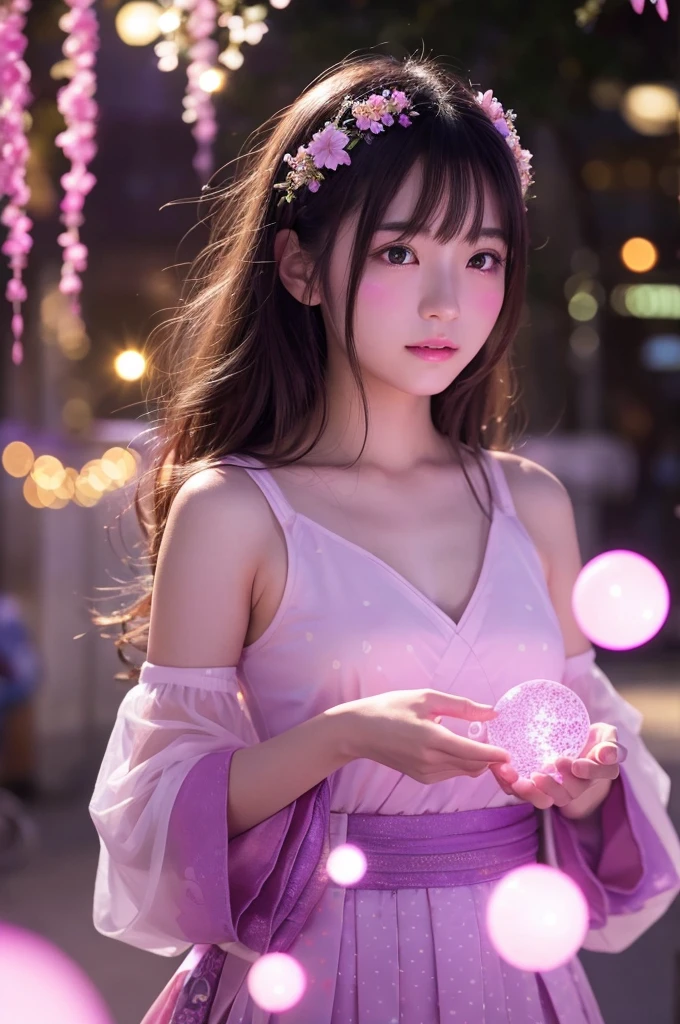 This image is、Featuring ultra-realistic, live-action Japanese beauties。The background is dotted with magical lights.、Pink and purple light、Floating transparent bubbles floating around。The beautiful girl&#39;s costume is a light pink dress.、It features a relaxed design。The pose is looking back、Showing a natural look。As a photographic technique、Use soft focus、Emphasizing the fantastical atmosphere。By skillfully using the placement of lights and the reflection of light,、The beautiful girl&#39;s contours and facial expressions are photographed in a way that makes them stand out softly.。The composition on a vertical screen、The light balance between the subject and the background is well captured.。