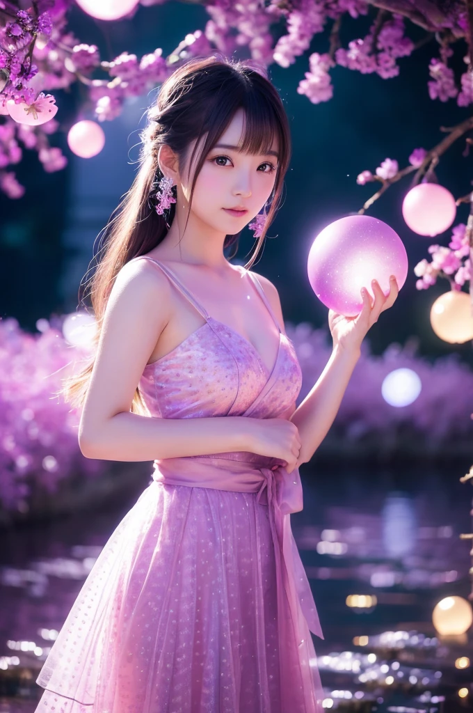 This image is、Featuring ultra-realistic, live-action Japanese beauties。The background is dotted with magical lights.、Pink and purple light、Floating transparent bubbles floating around。The beautiful girl's costume is a light pink dress.、It features a relaxed design。The pose is looking back、Showing a natural look。As a photographic technique、Use soft focus、Emphasizing the fantastical atmosphere。By skillfully using the placement of lights and the reflection of light,、The beautiful girl's contours and facial expressions are photographed in a way that makes them stand out softly.。The composition on a vertical screen、The light balance between the subject and the background is well captured.。