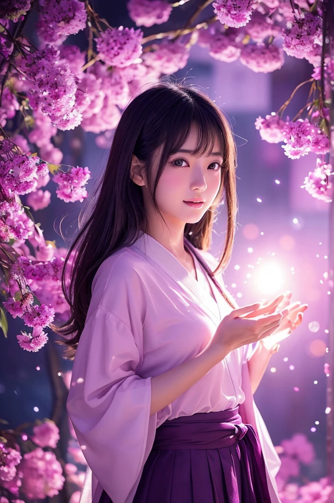 This image is、Featuring ultra-realistic, live-action Japanese beauties。The background is dotted with magical lights.、Pink and purple light、Floating transparent bubbles floating around。The beautiful girl&#39;s costume is a light pink dress.、It features a relaxed design。The pose is looking back、Showing a natural look。As a photographic technique、Use soft focus、Emphasizing the fantastical atmosphere。By skillfully using the placement of lights and the reflection of light,、The beautiful girl&#39;s contours and facial expressions are photographed in a way that makes them stand out softly.。The composition on a vertical screen、The light balance between the subject and the background is well captured.。