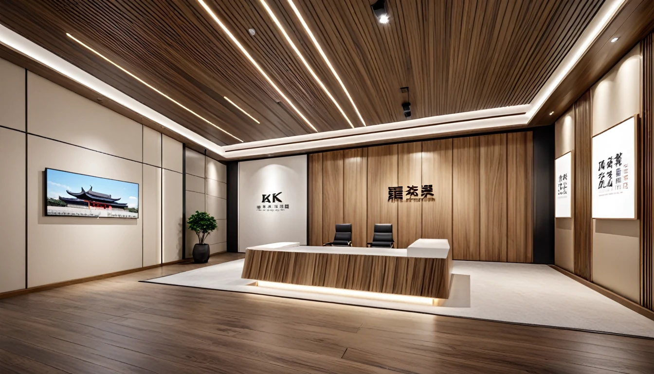 8K, real, (realistic:1.2), exhibition, exhibition hall, background wall, company entrance, front photo, 24mm wide-angle lens, wood grain, metal, leather style, modern chinese style,(light tone:1.1)