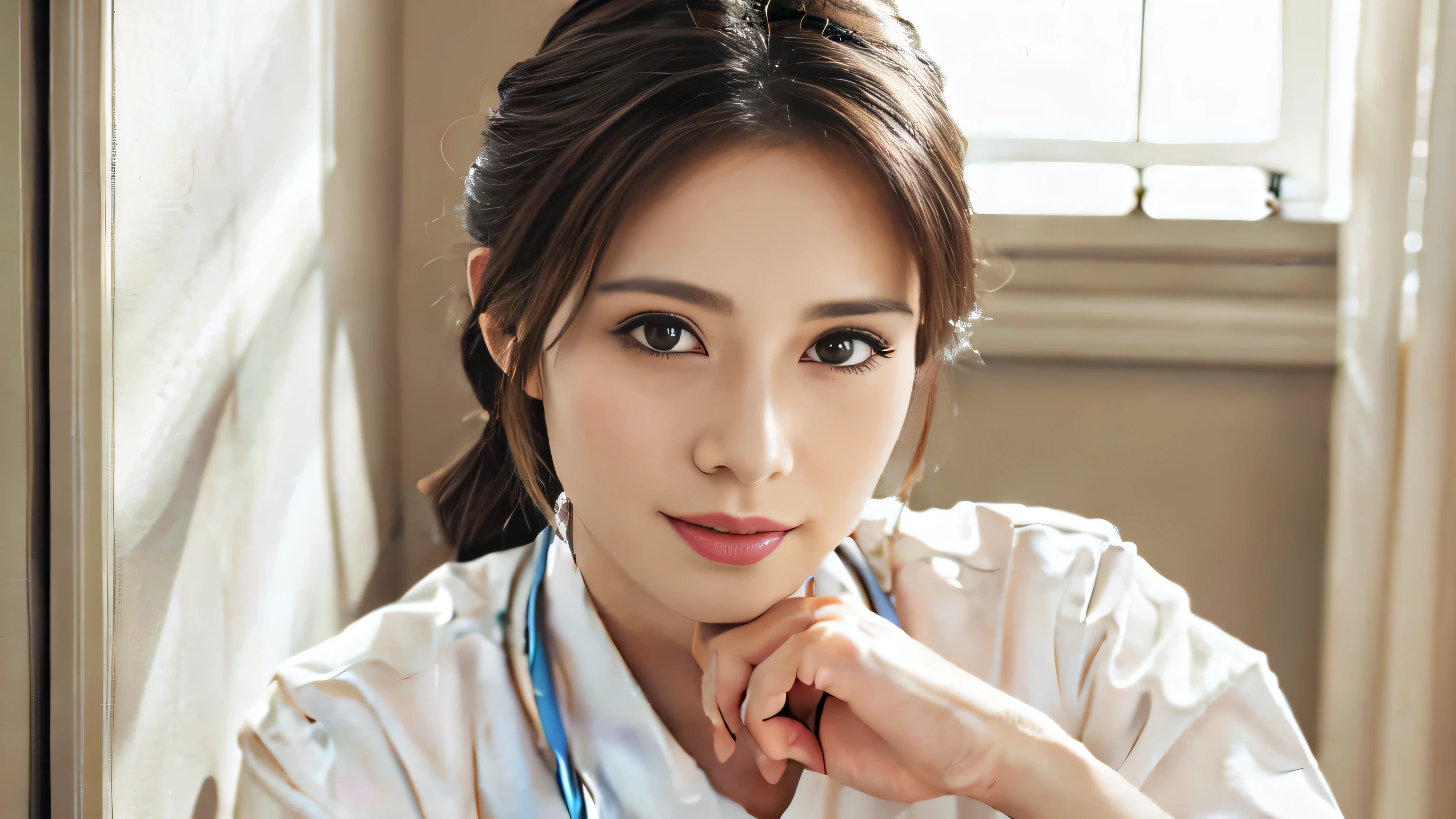 (best quality,4k,8k,highres,masterpiece:1.2),ultra-detailed,(realistic,photorealistic,photo-realistic:1.37),beautiful Japanese nurse,cute,her eyes are incredibly detailed and beautiful,soft features,pale skin,long,flowing black hair,(ties up hair:1.0),delicate hands,gentle smile,white nurse uniform,red cross symbol,relaxed expression,caring eyes,small nose,warmth,compassion,natural makeup,attending tasks with precision and compassion,hospital corridors,calm and serene atmosphere,professional demeanor,medicinal supplies,neatly arranged,comfortable and clean setting,sunlight streaming through windows,welcoming ambiance,subtle and warm lighting,soft color palette rich cultural heritage,