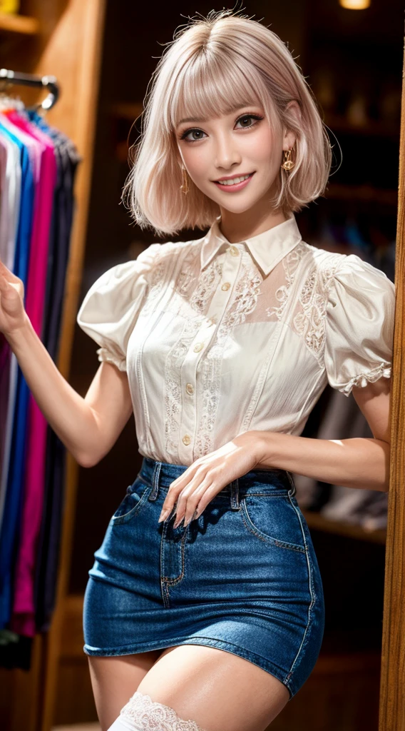((((Very short))))、Earrings、Collared shirt、((((blunt bangs)))) ((Short bangs))、trimmed bangs、(((Inside of a fashionable clothing store)))、(masterpiece、highest quality、In 8K、32k、masterpiece、Super huge 、超A high resolution、Impressionism、Photorealistic:1.2)、Cowboy Shot、Sharp focus、Beautiful face with detailed background of face and eyelids、Blue sky、Glowing Skin、Sharp pupils、Realistic eyes and beautiful face、Blurred Background、Beautiful 28 year old girl、Glowing Skin、(((bright and beautiful hair)))、Iris、(((puff sleeve lace blouse)))、(Knee-length tight skirt)、Thighs、curve、Dynamic pose、Powerful composition、((smile))、((Calm expression))、sweating、((Pink-beige hair color))、High nose、(Small Mouth)、Skirt rip、stockings、Pubic hair is visible、clerk、(Wearing a name tag)