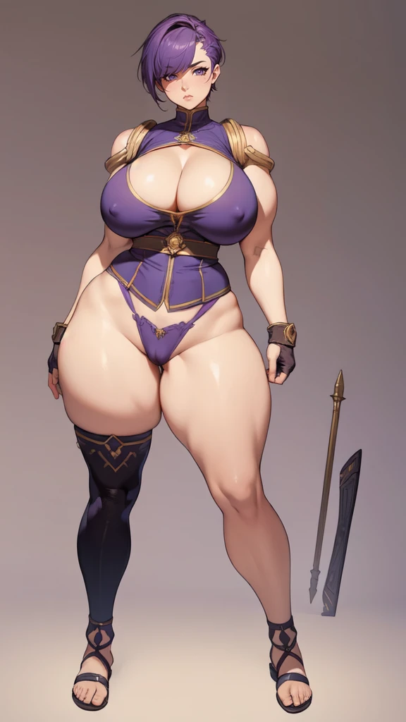 (masterpiece), best quality, female warrior, huge girl, female muscular:1.2, shoulder armor, pauldron, (curvy:1.7), (((blank background))), ((full body)), fingerless gloves, sandals, sleeveless, covered nipples, ((buzzcut hairstyle)), purple hair, hair over eyes, ((very big legs:1.4)), ((camel toe)), (cleavage), 