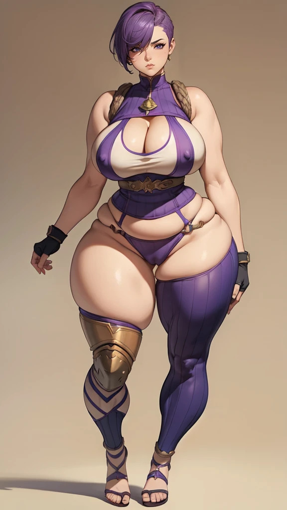 (masterpiece), best quality, female warrior, huge girl, female muscular:1.2, shoulder armor, pauldron, (curvy:1.7), (((blank background))), ((full body)), fingerless gloves, sandals, sleeveless, covered nipples, ((buzzcut hairstyle)), purple hair, hair over eyes, ((very big legs:1.4)), ((camel toe)), (cleavage), 