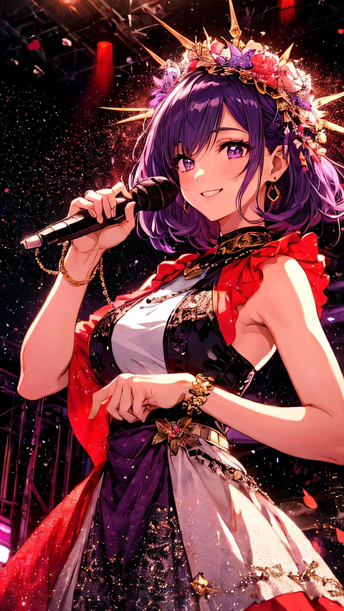 Highly detailed face,fine grain,Highlighted eyes, medium breasts ,pretty girl, smile shyly,Beautiful purple hair,Beautiful purple eyes,shiny skin,
dress scene, looking the viewer, 
Represent idol in bright colors, Represent idol dress in colorful colors, Represent idol's singing voice in warm colors