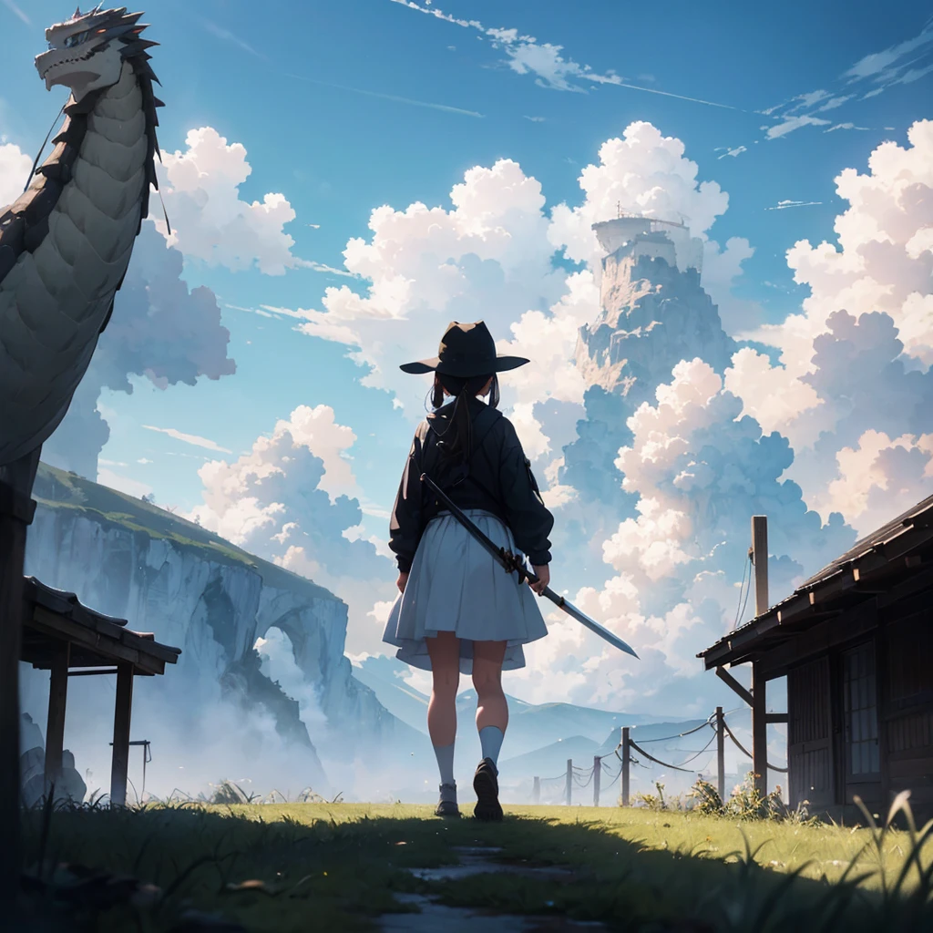 girl, outdoors, standing, clouds, 1boy, katana, from behind, sky, cloudy sky, holding weapon, eastern dragon, monster, 1other, hat, fog